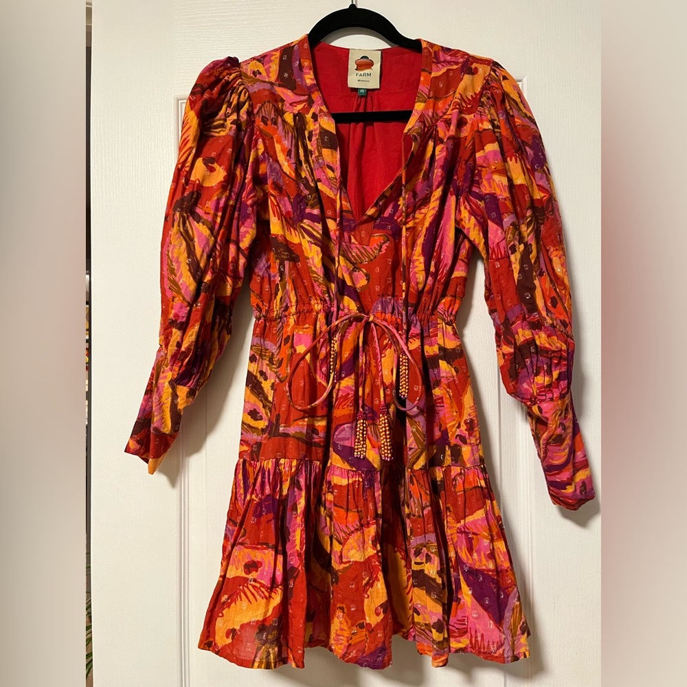 FARM Rio red banana print mini puff sleeve dress, XS, adjustable waist